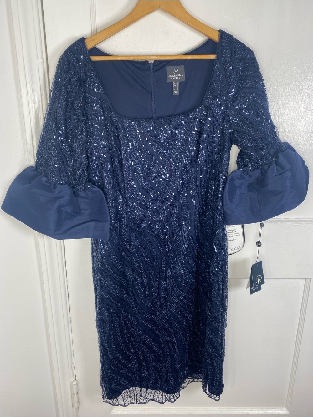 Adrianna Papell NWT Midnight Embroidered Navy Sequin Midi Dress w Bell Sleeves